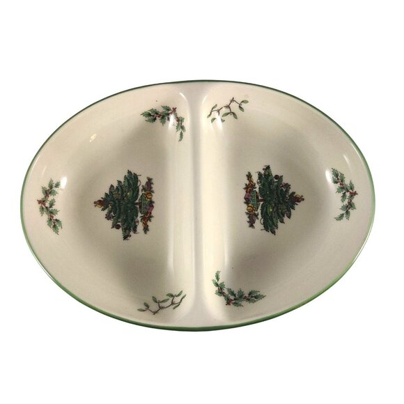 Vintage Spode Christmas Tree Divided Oval Dish 11.5" Porcelain Holiday Serveware - Picture 2 of 8